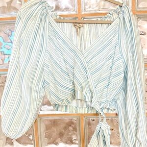 BCBG GENERATION Striped Blue Wrap Crop Top with Tie Detail